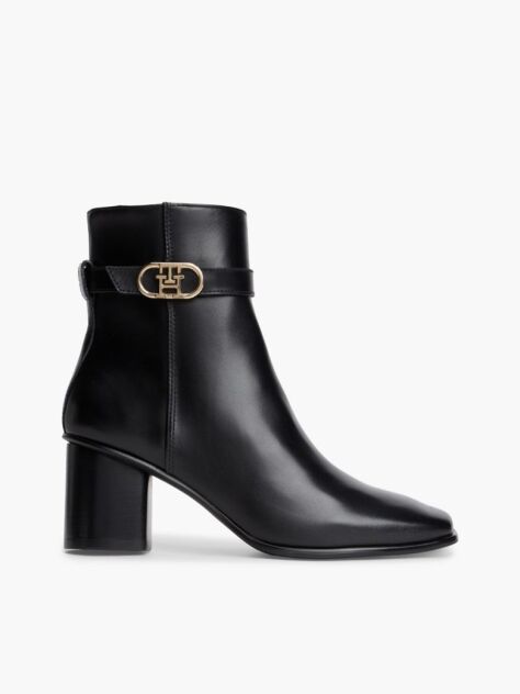 Black Leather Buckle Strap Block Heel Ankle Boots  Women