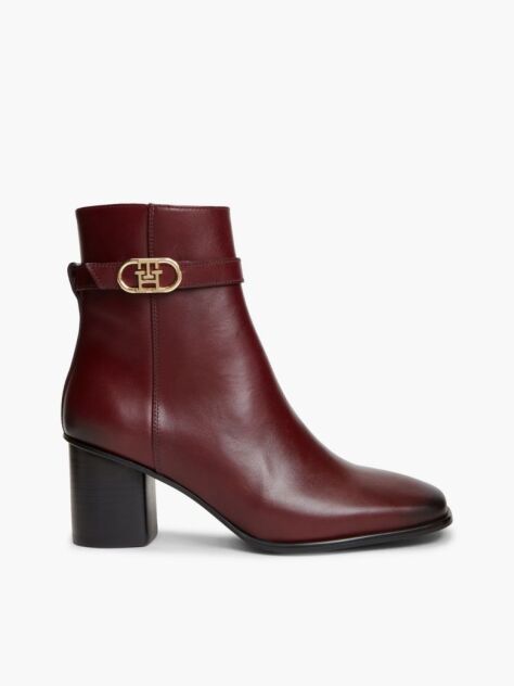 Red Leather Buckle Strap Block Heel Ankle Boots  Women