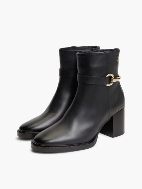 Black Block Heel Leather Riding Ankle Boots  Women