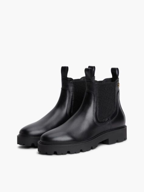 Black Leather TH Monogram Panel Chelsea Boots  Women