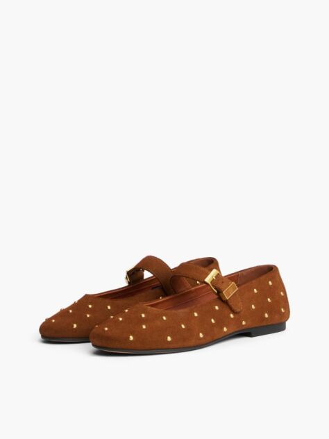 Brown Suede Stud Buckle Mary Jane Ballerinas  Women