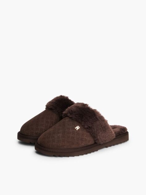 Brown Leather Faux Fur Serrated Slippers  Women