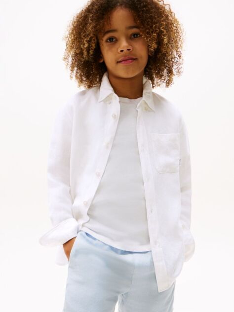 White Relaxed Fit Flag Embroidery Linen Blend Shirt  Boys