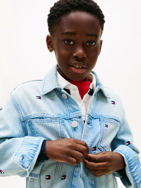 Blue Wavy Flag Embroidery Denim Trucker Jacket  Boys
