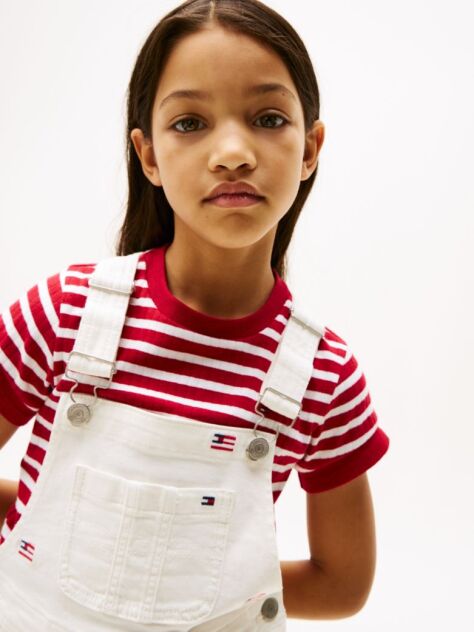 White Logo Embroidery Dungaree Dress  Girls