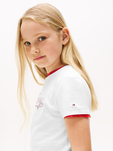 White Tommy Script Sequins T-Shirt Short Sleeve  Girls