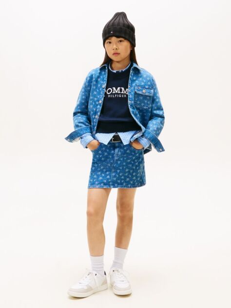 Denim Floral Print Flag Embroidery Denim Skirt  Girls