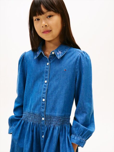 Denim Flower Embroidery Long Sleeve Denim Dress  Girls