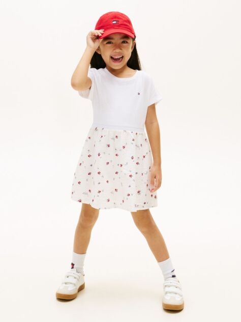 Beige Seersucker Print Fit And Flare Dress  Girls
