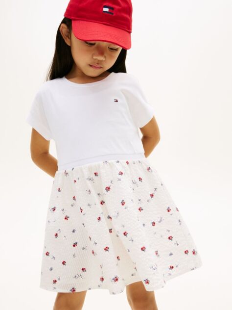 Beige Seersucker Print Fit And Flare Dress  Girls