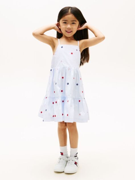 Multi Floral Embroidery Stripe Fit And Flare Dress  Girls