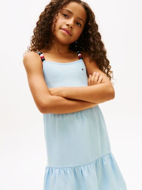 Denim Beaded Strap Twill Tiered Dress  Girls