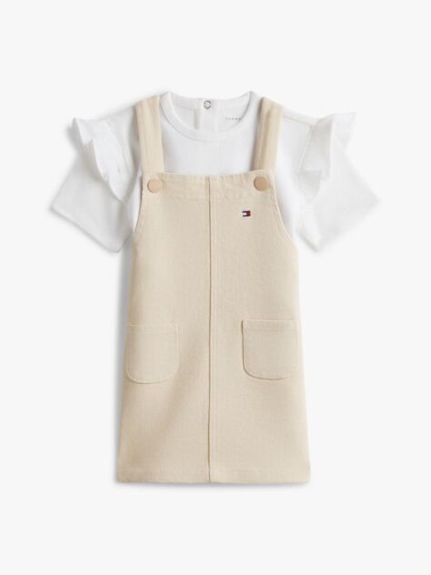 Beige Essential Dungaree Dress And T-Shirt Set  Newborn