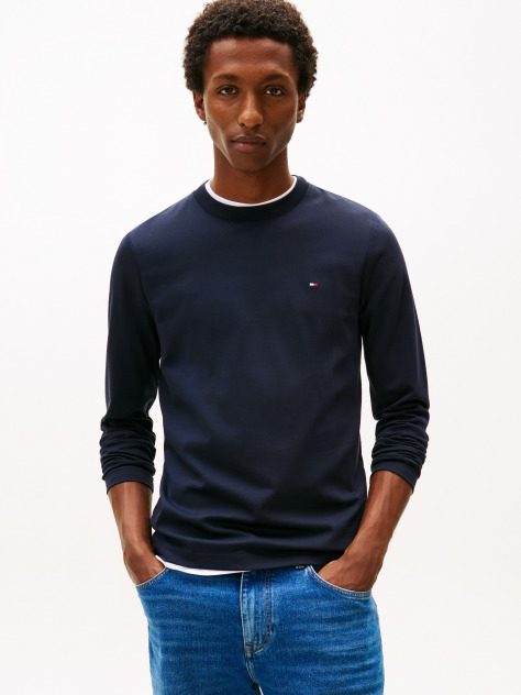 Μπλε Interlock Μακρυμάνικο T-Shirt Σε Slim Γραμμή  Άνδρες
