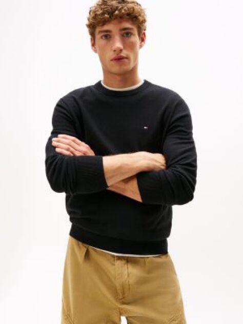 Black Cotton Cashmere Crew Neck Jumper.  Men