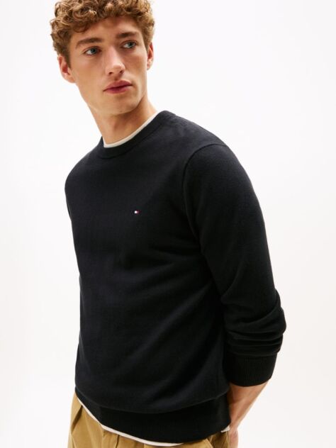 Black Cotton Cashmere Crew Neck Jumper.  Men