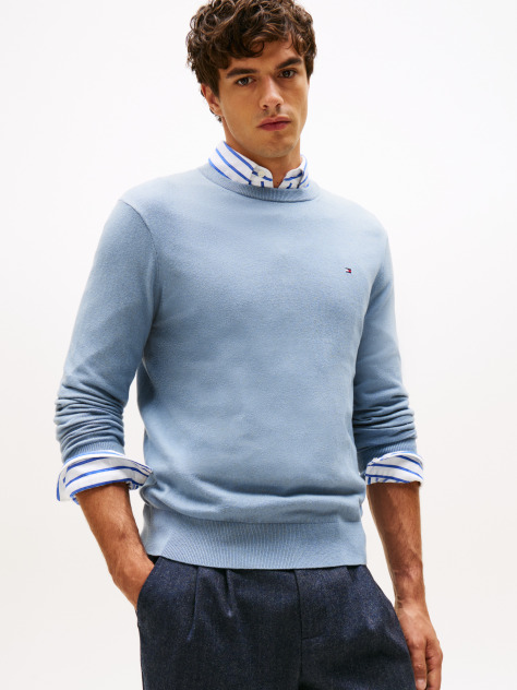 Blue Cotton Cashmere Crew Neck Jumper.  Men