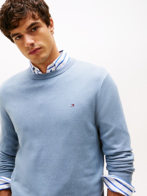 Blue Cotton Cashmere Crew Neck Jumper.  Men