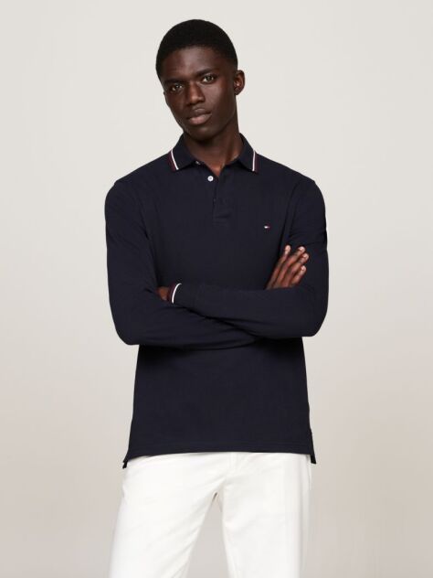 Blue Tipped Long Sleeve Slim Polo Shirt  Men
