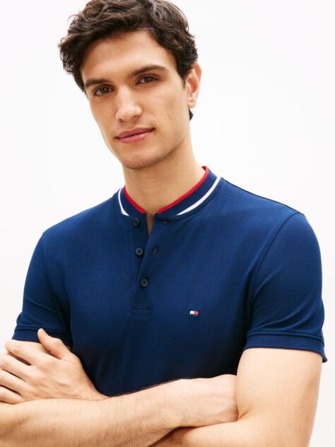 Blue Mandarin Collar Slim Polo Shirt  Men