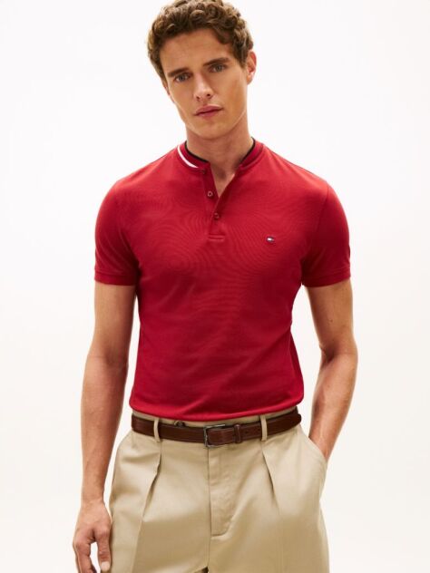 Red Mandarin Collar Slim Polo Shirt  Men