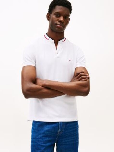 White Mandarin Collar Slim Polo Shirt  Men