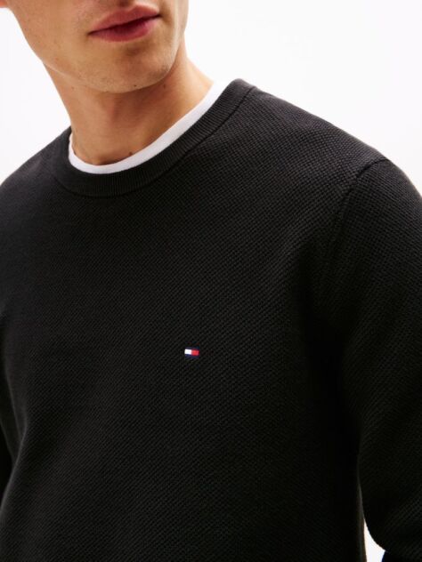 Black Crew Neck Textured Knit Jumper  Men