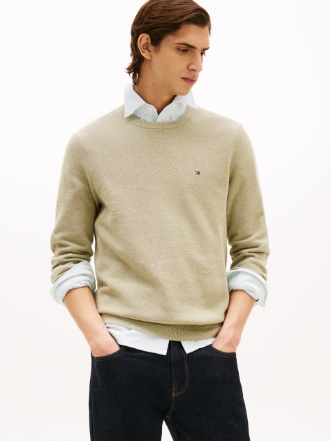 Green Crew Neck Textured Knit Jumper  Men