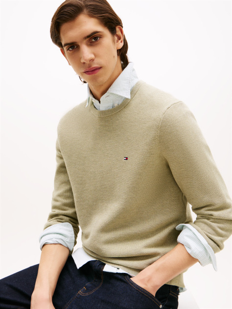 Green Crew Neck Textured Knit Jumper  Men