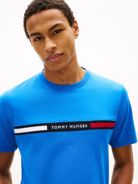 Blue Crew Neck Logo Panel T-Shirt  Men