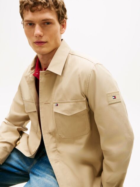 Beige Flag Embroidery Twill Shirt Jacket  Men
