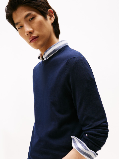 Blue Fine Merino Wool Crew Neck Sweater  Men