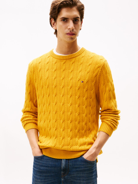Yellow Pure Wool Cable Knit Jumper  Men