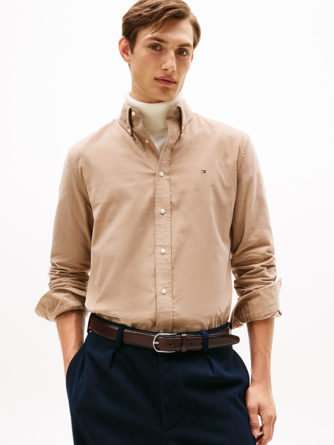 Beige Regular Fit Flag Embroidery Corduroy Shirt  Men