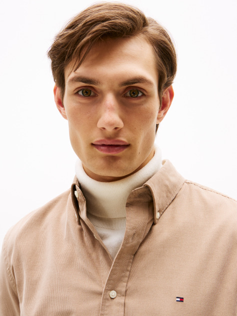 Beige Regular Fit Flag Embroidery Corduroy Shirt  Men