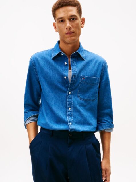 Denim Regular Fit Flag Embroidery Denim Shirt  Men