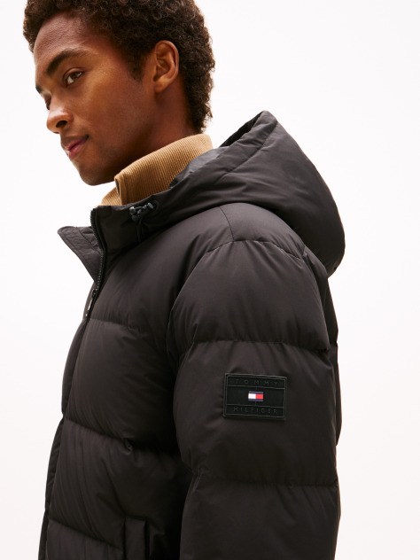 Black Water Repellent Down Hooded Puffer Jacket  Men