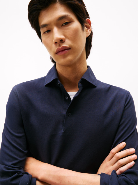 Blue Smart Casual Slim Fit Long Sleeve Polo Shirt  Men