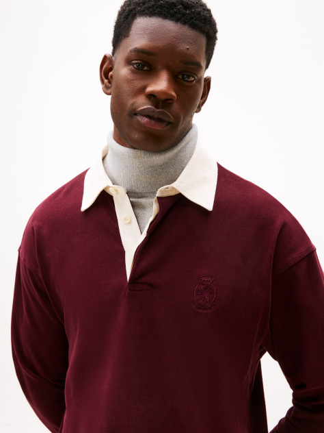 Red Varsity Contrast Collar Relaxed Rugby Shirt  Men