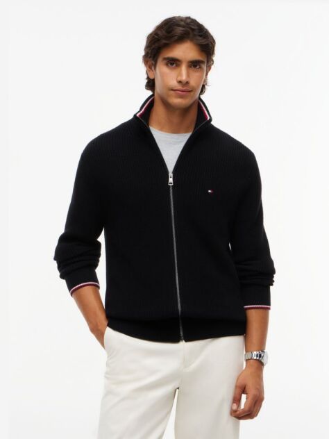 Black Rib Zip Through Cardigan  Men
