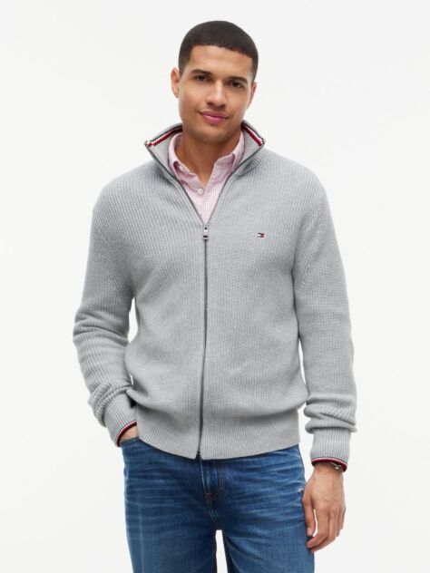 Grey Rib Zip Through Cardigan  Men