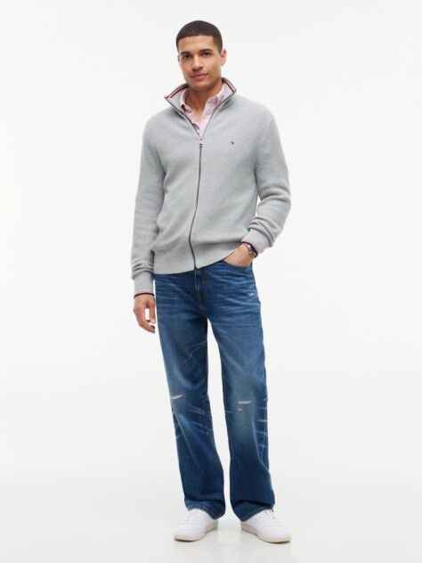 Grey Rib Zip Through Cardigan  Men