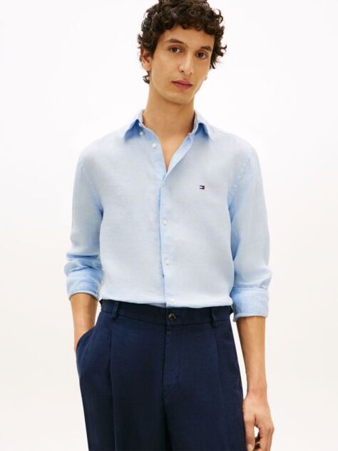 Blue Regular Fit Washed Pure Linen Shirt  Men