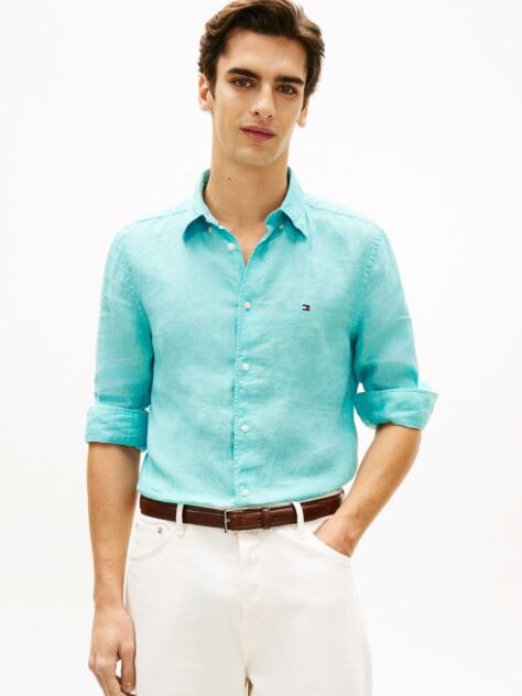 Blue Regular Fit Washed Pure Linen Shirt  Men