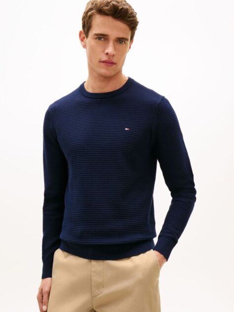 Blue Textured Knit Crew Neck Jumper  Men