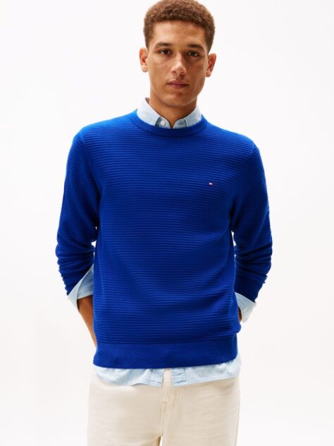 Blue Textured Knit Crew Neck Jumper  Men