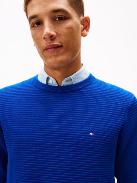 Blue Textured Knit Crew Neck Jumper  Men