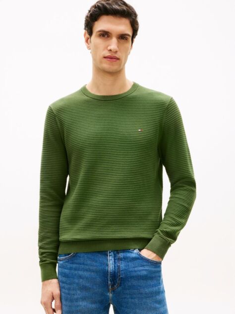 Green Textured Knit Crew Neck Jumper  Men