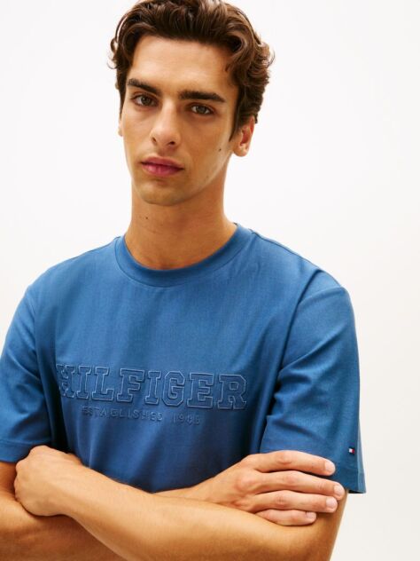 Μπλε Άνετο T-Shirt Με Στρογγυλή Λαιμόκοψη Και Κεντημένο Λογότυπο  Άνδρες