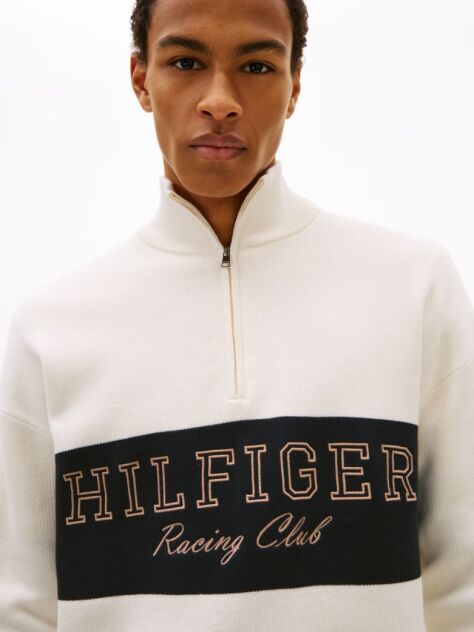 Beige Relaxed Quarter-Zip Mock Neck Jumper  Men